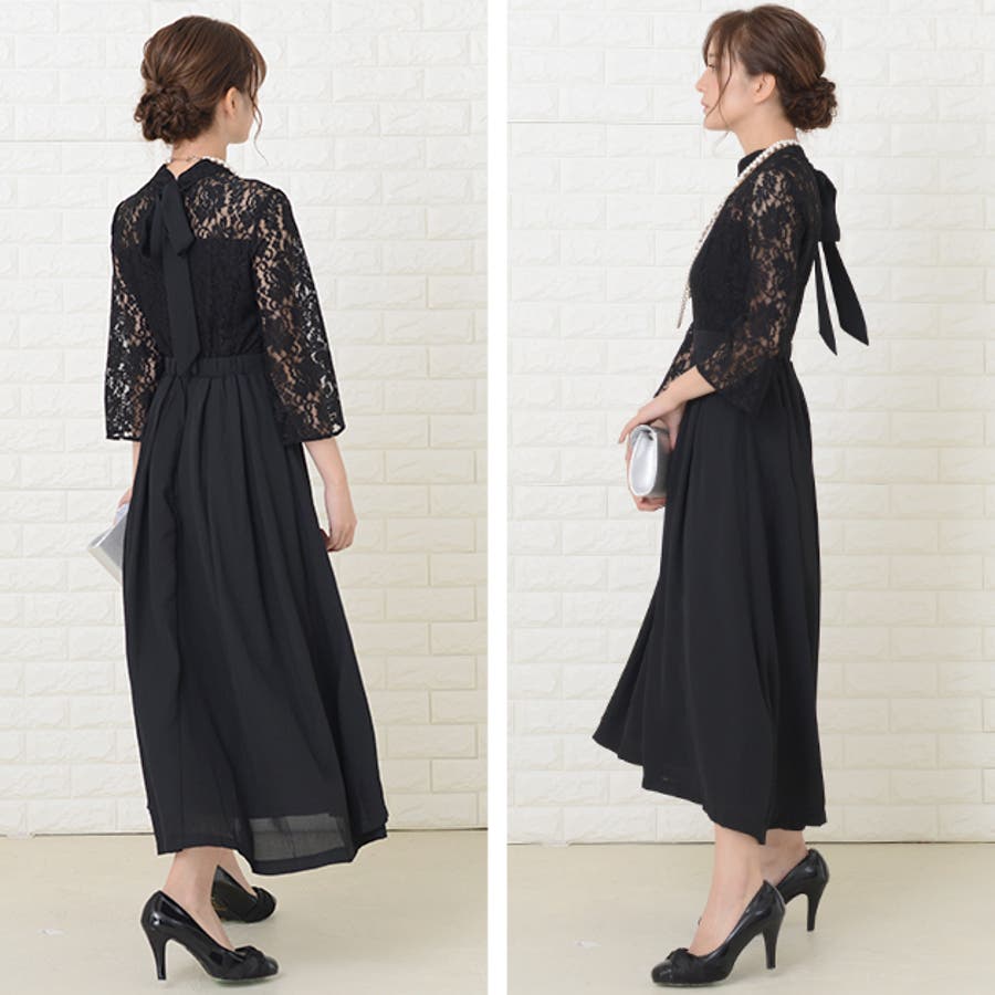 フィッシュテール ハイネックリボン付 ロング丈ワンピース[品番