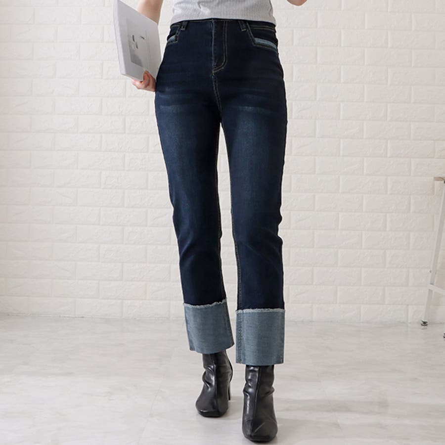 ロールアップハイウエストストレートデニムパンツ 女性