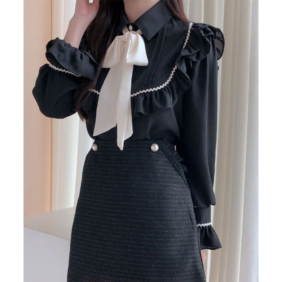 エムズグレイシー2023AWドット・フリル・リボン付きブラウス