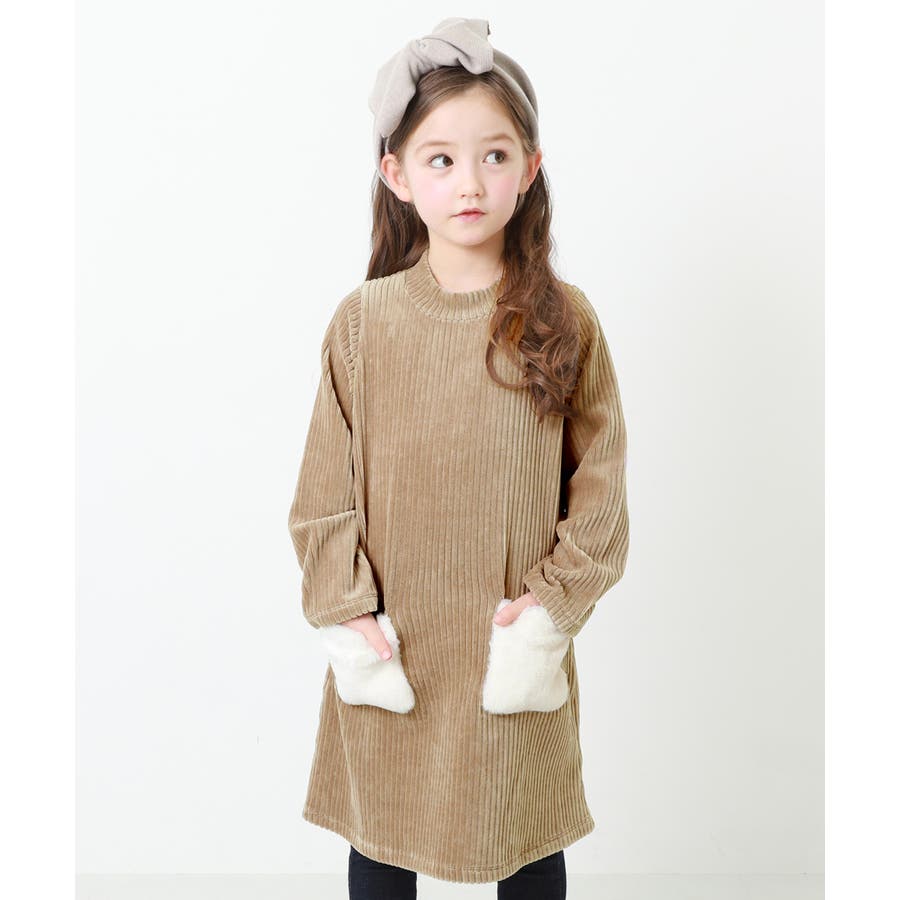 ファーポケット長袖ワンピース 子供服 キッズ[品番：VR000009184