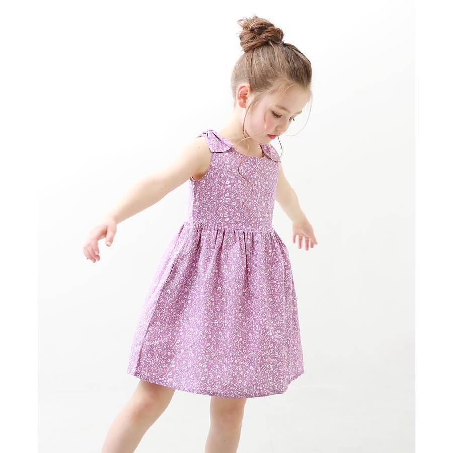 総柄肩リボンノースリーブワンピース 子供服 キッズ[品番