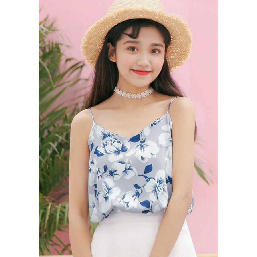 シフォンキャミソールトップス 花柄 リゾート[品番：HITW0002363