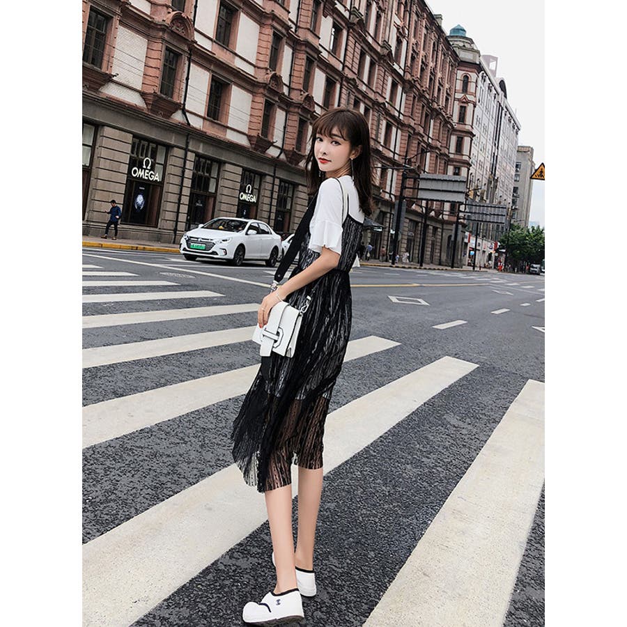 セットアップ シースルーレースキャミワンピース ロング丈Tシャツ[品番 