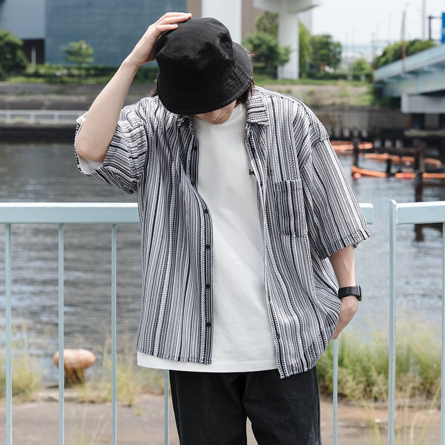 Design shirt ストライプ メッシュ  半袖 マスタードイエロー