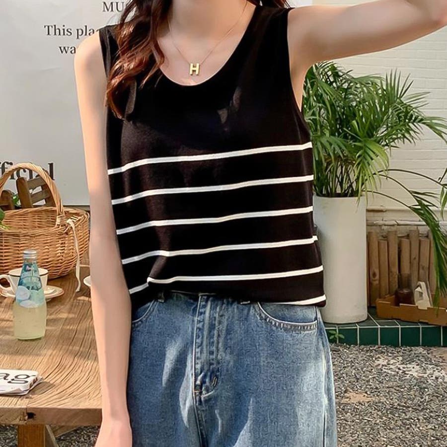 ボーダーノースリーブトップス【韓国ファッション】[品番