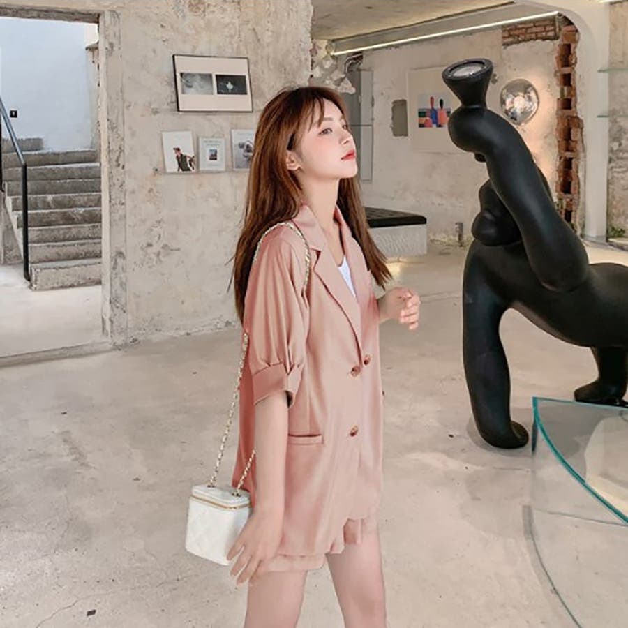 リネンライクセットアップ ジャケット＋ショートパンツ【韓国