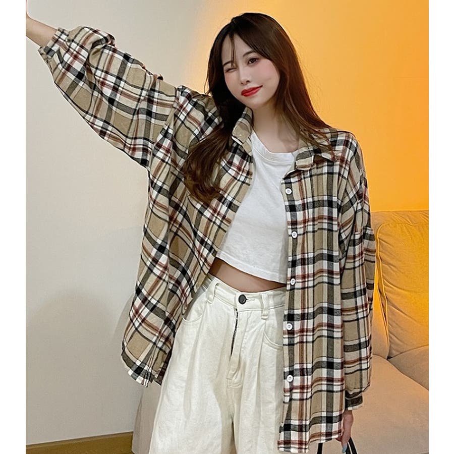 オーバーサイズチェックシャツ【韓国ファッション】[品番