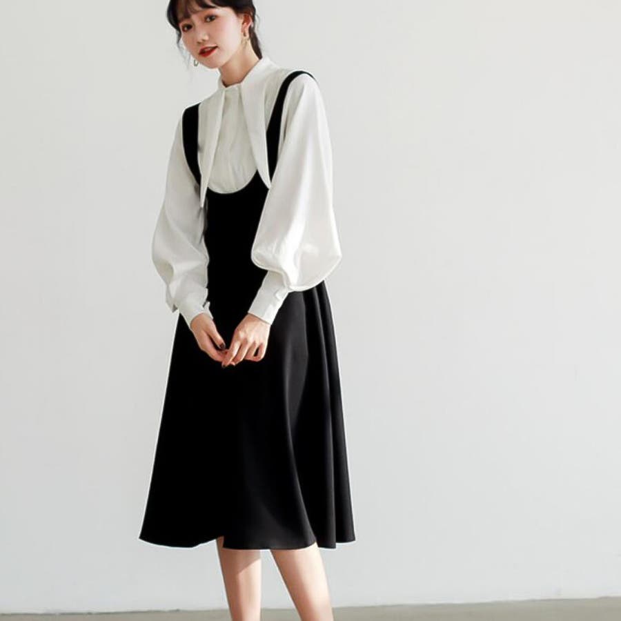 ブラウス＋ジャンパースカート 2枚セットアップ韓国ファッション