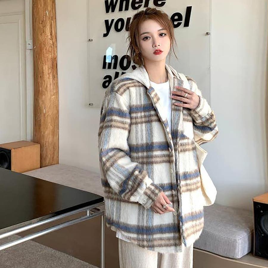 ノーカラーチェックシャギーシャツジャケット【韓国ファッション