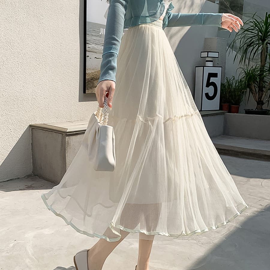 上品な透け感。Aラインフリルプリーツスカート[品番：ZJ000021491  