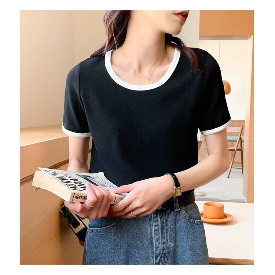ラウンドネックカラーパイピングTシャツ【韓国ファッション】[品番
