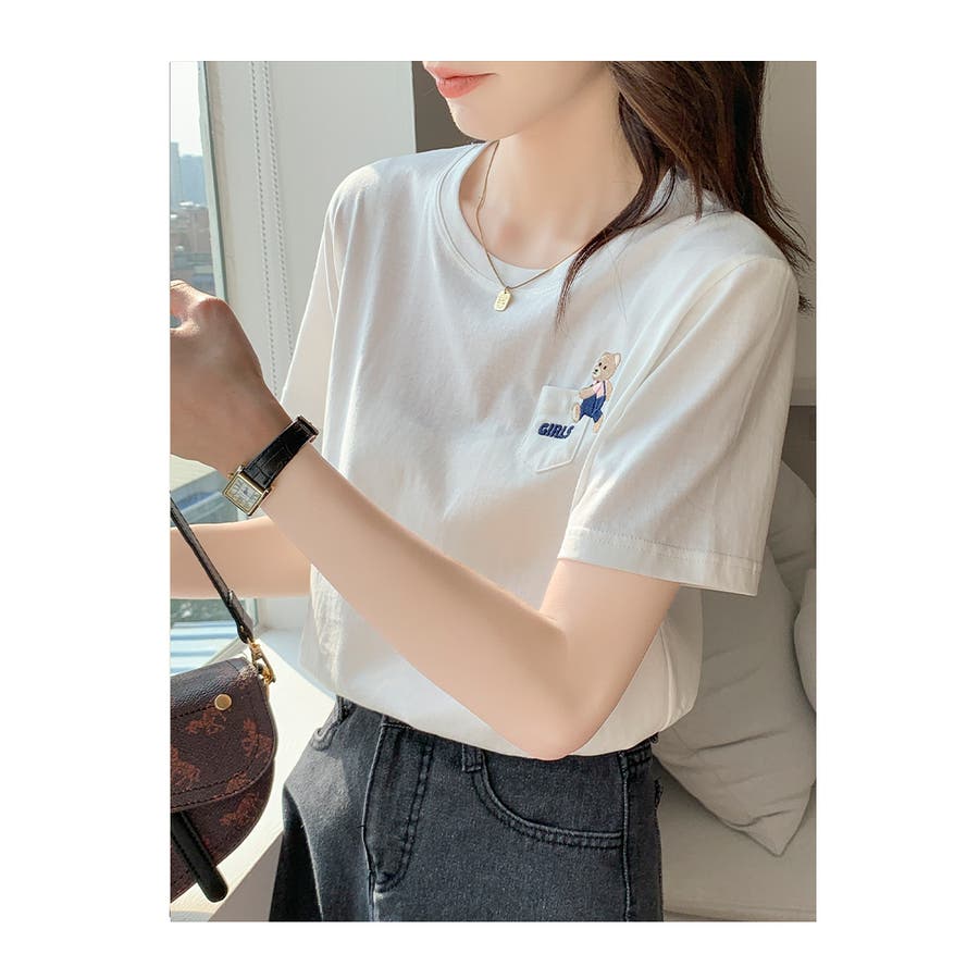 ワンポイントポケット刺繍Tシャツ【韓国ファッション】[品番