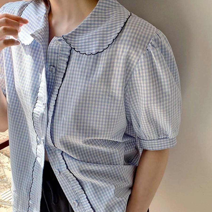 丸衿パフスリーブギンガムチェック半袖シャツ【韓国ファッション 