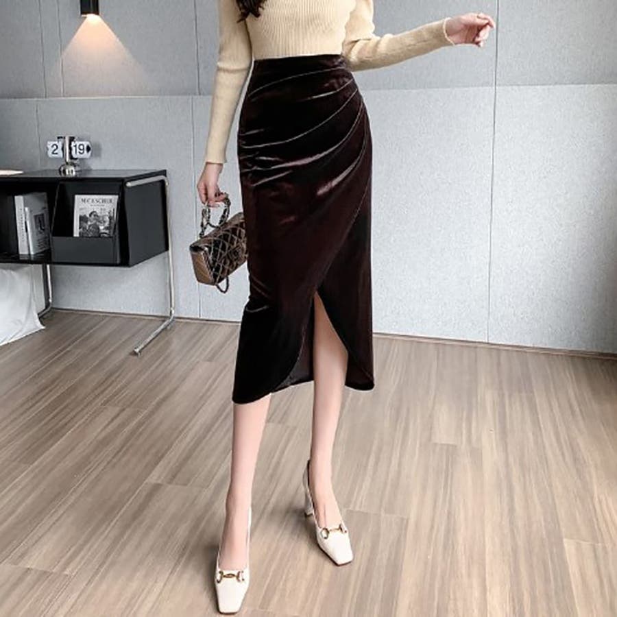 ベルベットフロントスリットタイトスカート【韓国ファッション