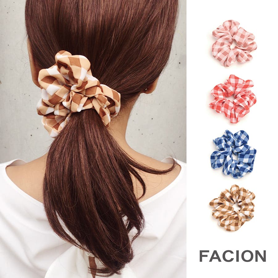 ギンガムチェック柄シュシュ ヘアアクセサリー ヘアゴム[品番