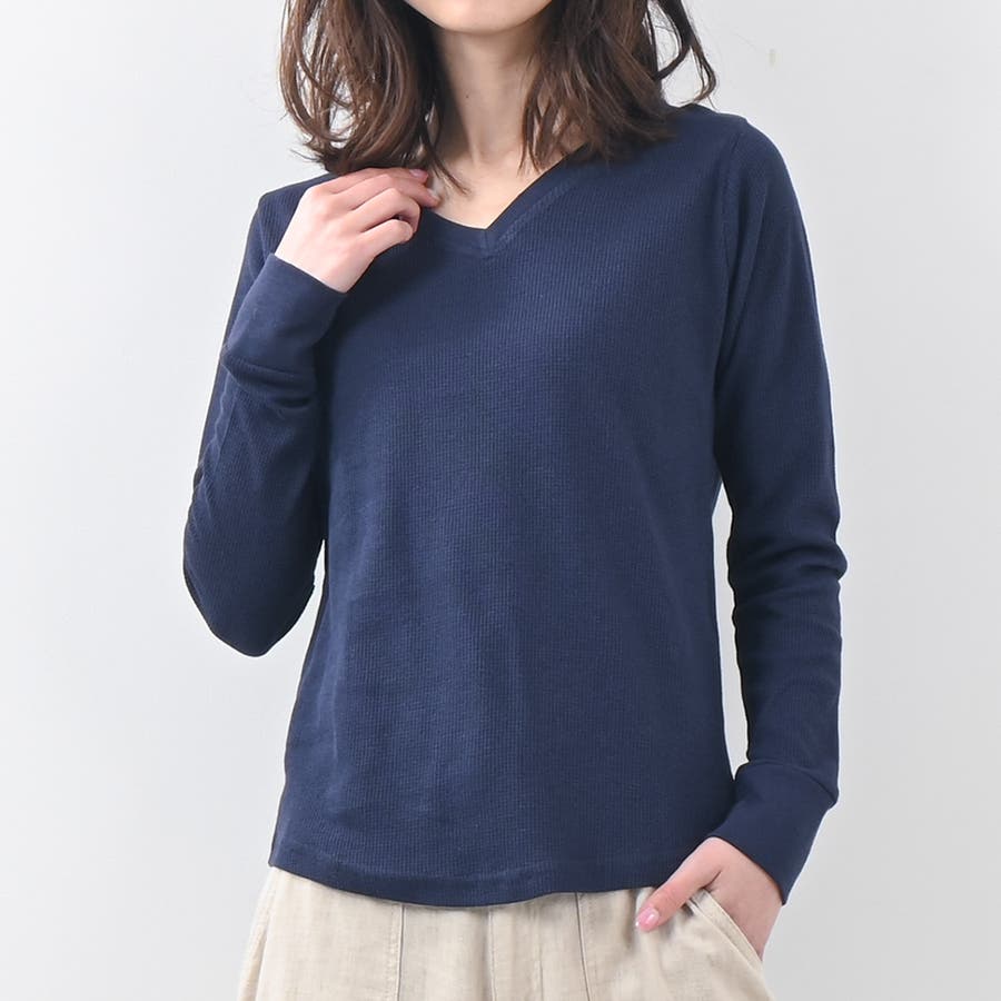 ワッフルVネック長袖Tシャツ レディース トップス[品番：FM000006457 