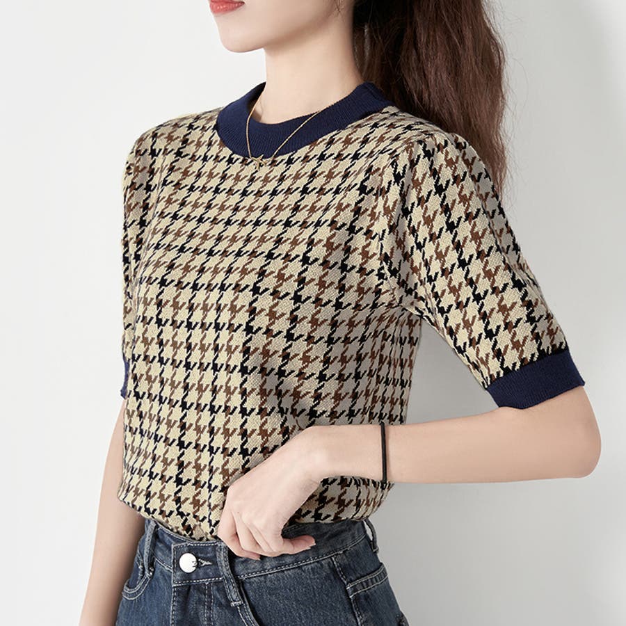 千鳥格子半袖リブニットハウンドトゥース夏ポジティブな気分になれる