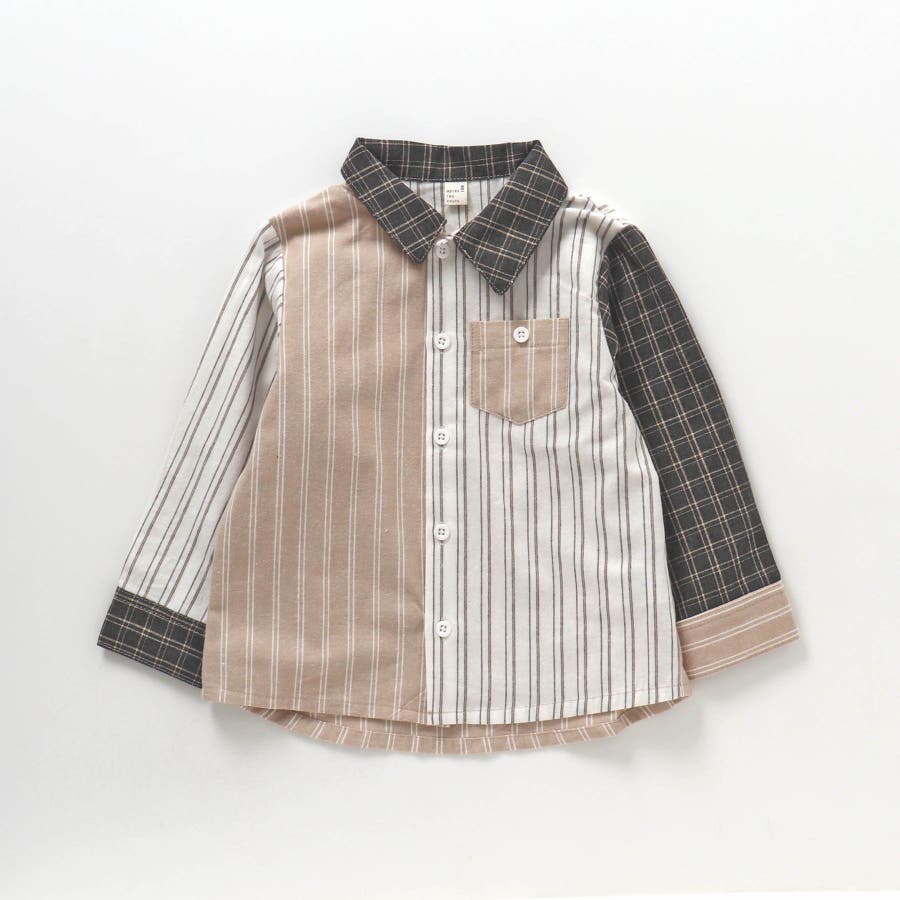 チェック&ストライプパッチワークシャツ[品番:FOKK0018026 チェック&ストライプパッチワークシャツ[品番:FOKK0018026