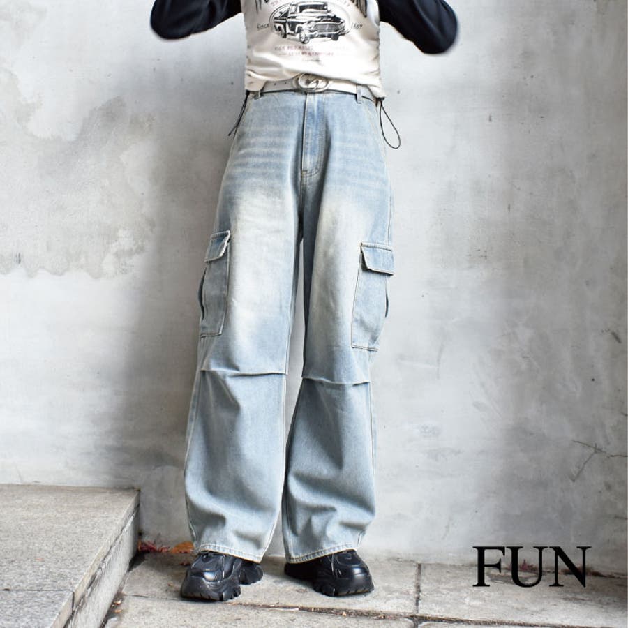 ELUVAデニムカーゴパンツ 韓国ファッション XU】dirty washing denim cargo pants / 【エックスユー