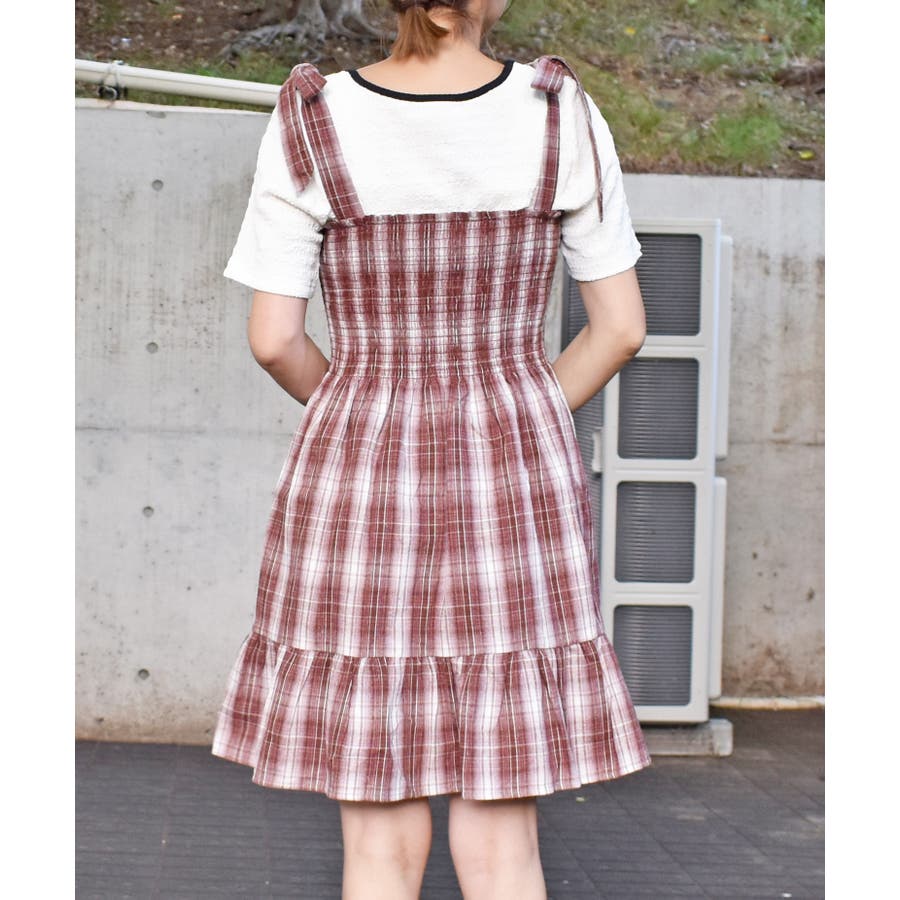 きょ シワ加工 ブロックチェック柄 ブラウンチュニックcoquette きょ シワ加工 ブロックチェック柄 ブラウンチュニックcoquette