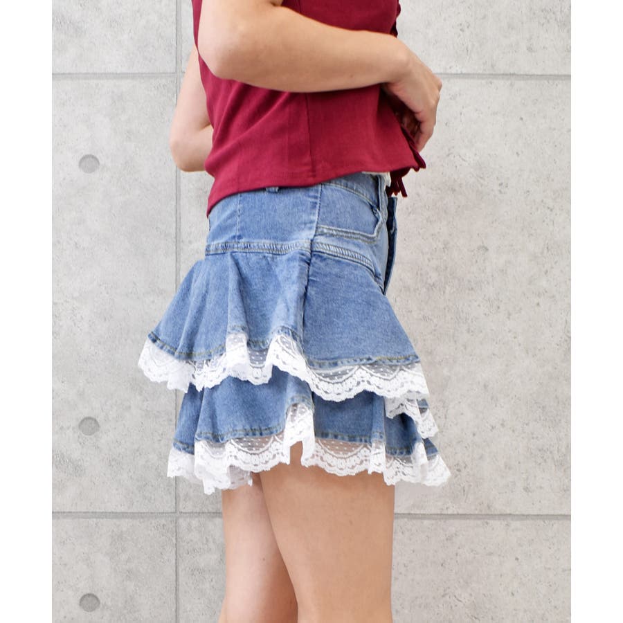 モナコで購入 レース×デニムスカート セール】レース ドッキング デニム スカート（スカート）｜ANAP