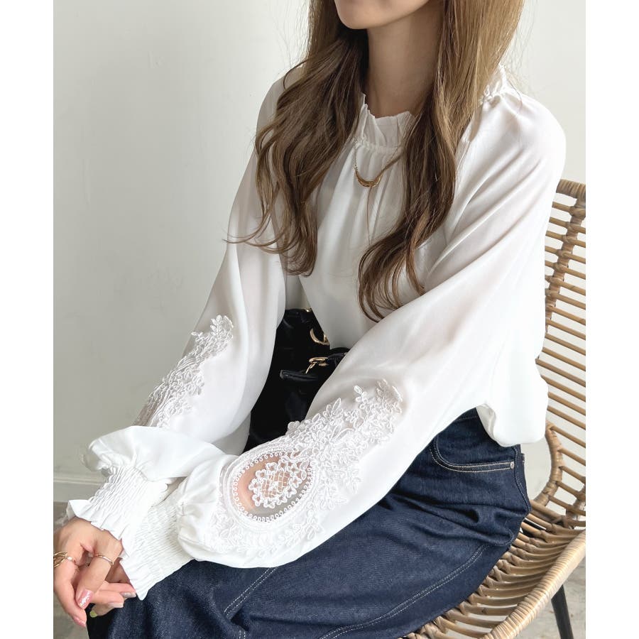 ポイントリボンスリーブティアードチュニック　ブルー　frene フラーネ りぼん付きシフォンプリーツ切り替えリブニットプルオーバー