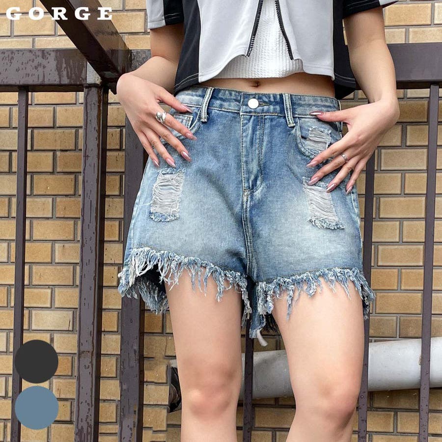ヴィンテージダメージ×フリンジ裾》レディース デニムショートパンツ