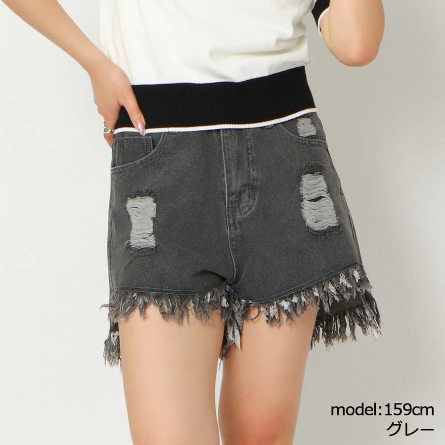 ヴィンテージダメージ×フリンジ裾》レディース デニムショートパンツ