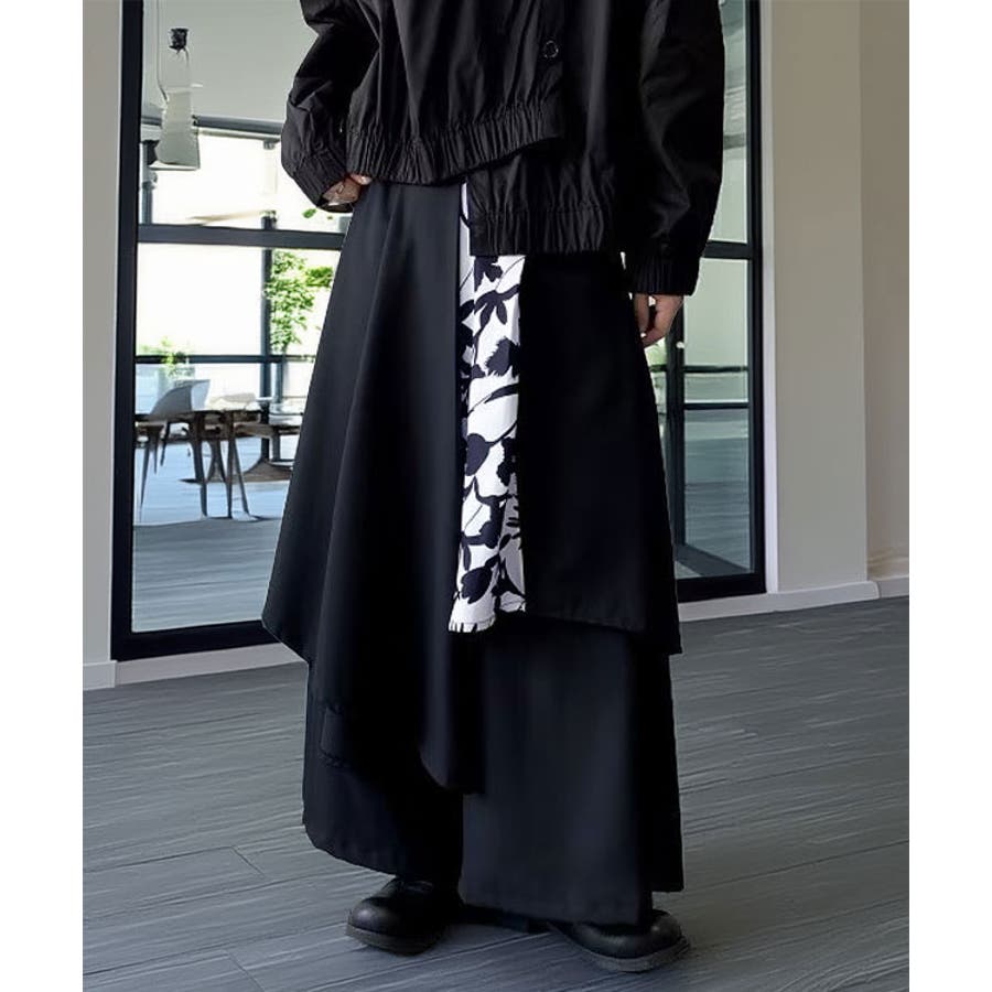 ルーズシルエット ワイドパンツ レイヤード ドレープ 袴 パンツ[品番