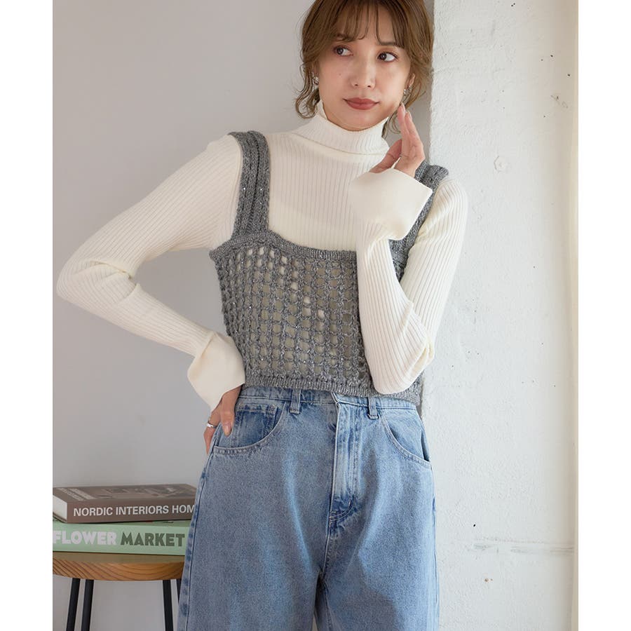 ー品販売  スパンコールメッシュ編みニットビスチェ スパンコール ニット トップス