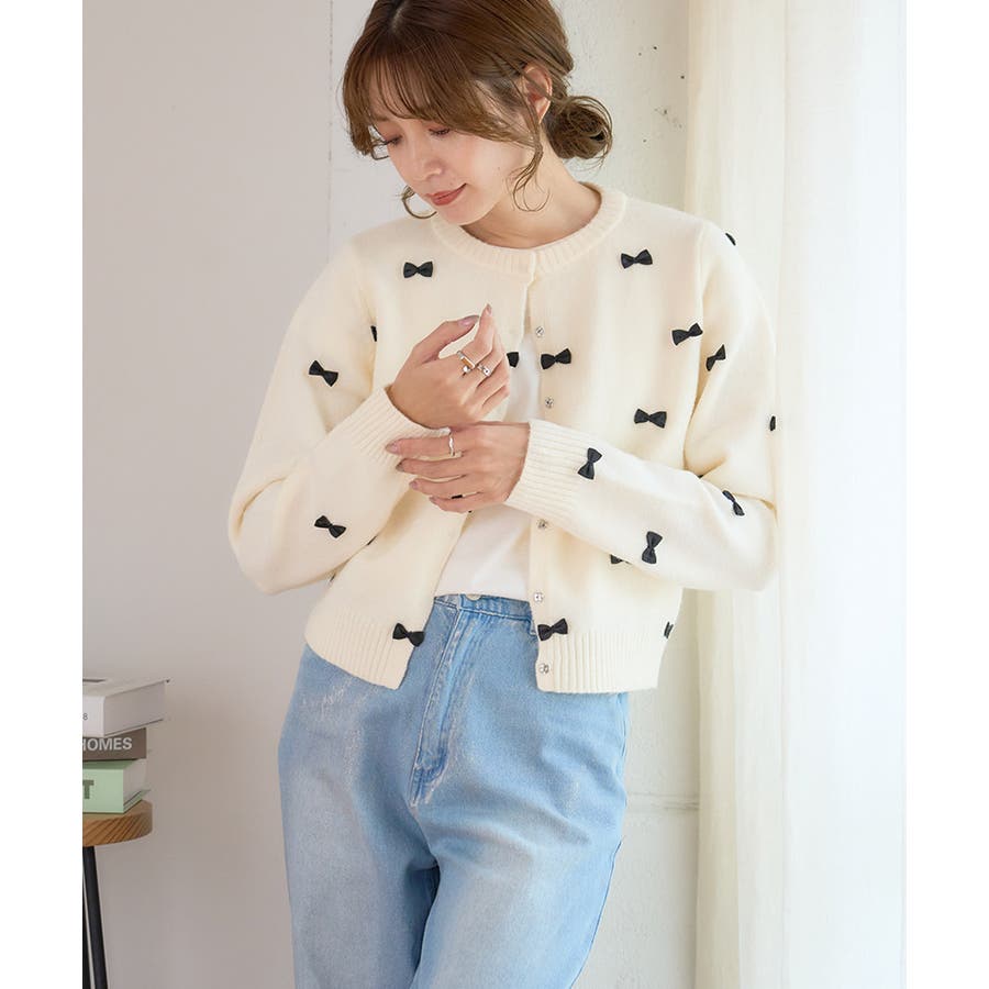 完売 リボン付きアルパカタッチニットカーディガン リボン付き ニット トップス