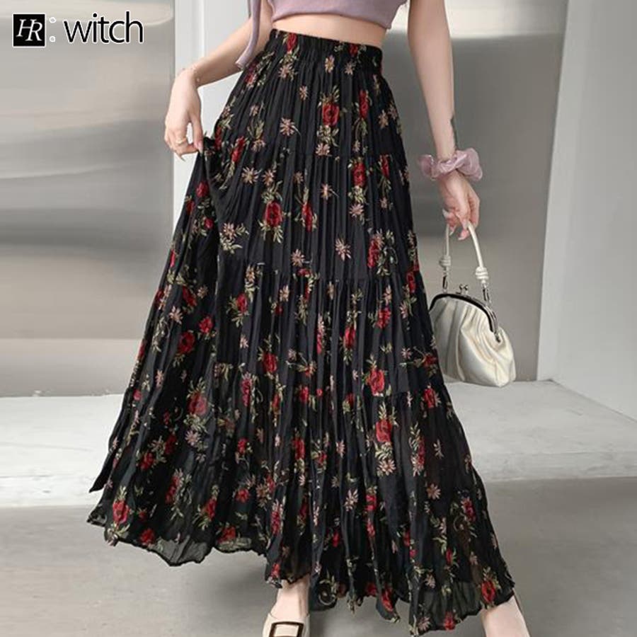 大人 可愛い 服  花柄シフォンフレアロングスカート[品番：HERW0005772]｜WITCH Mサイズ