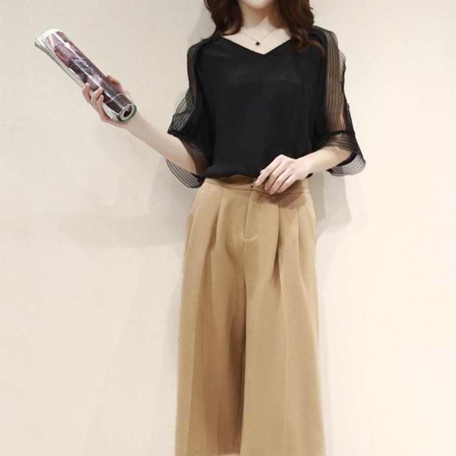 セットアップ レディース シフォンブラウス ガウチョパンツ シースルー