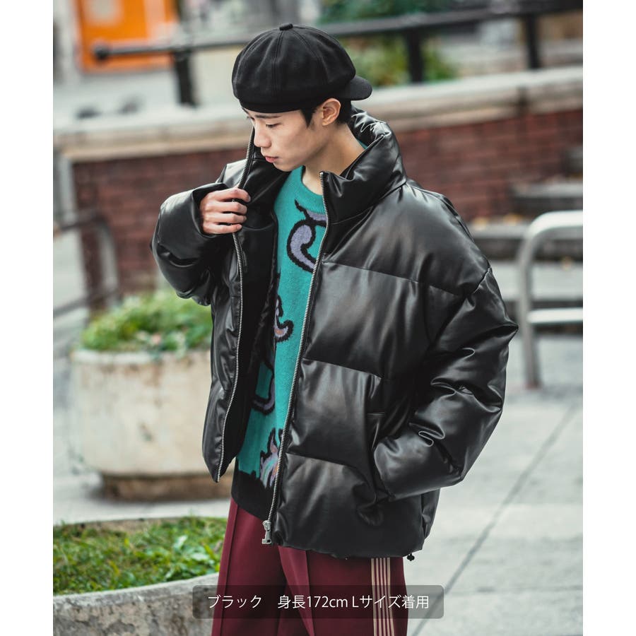 中綿スタンドレザーダウンジャケット メンズ コクーンシルエット[品番