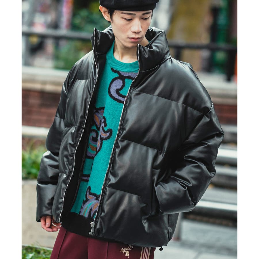 中綿スタンドレザーダウンジャケット メンズ コクーンシルエット[品番