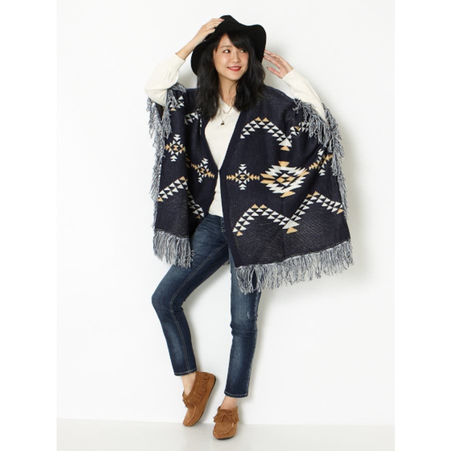 ネイティブ柄フリンジポンチョ シンプル ポンチョ[品番：GORW0001252