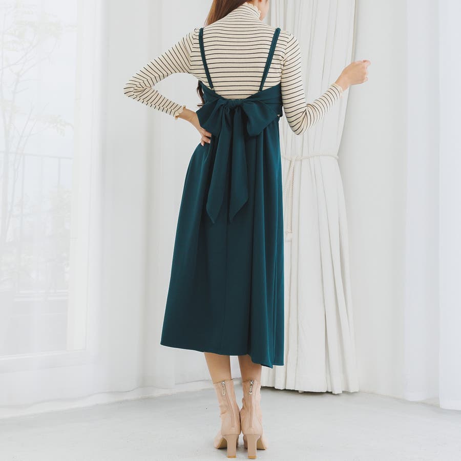 バックリボンキャミワンピース バックシャン フレアスカート[品番  