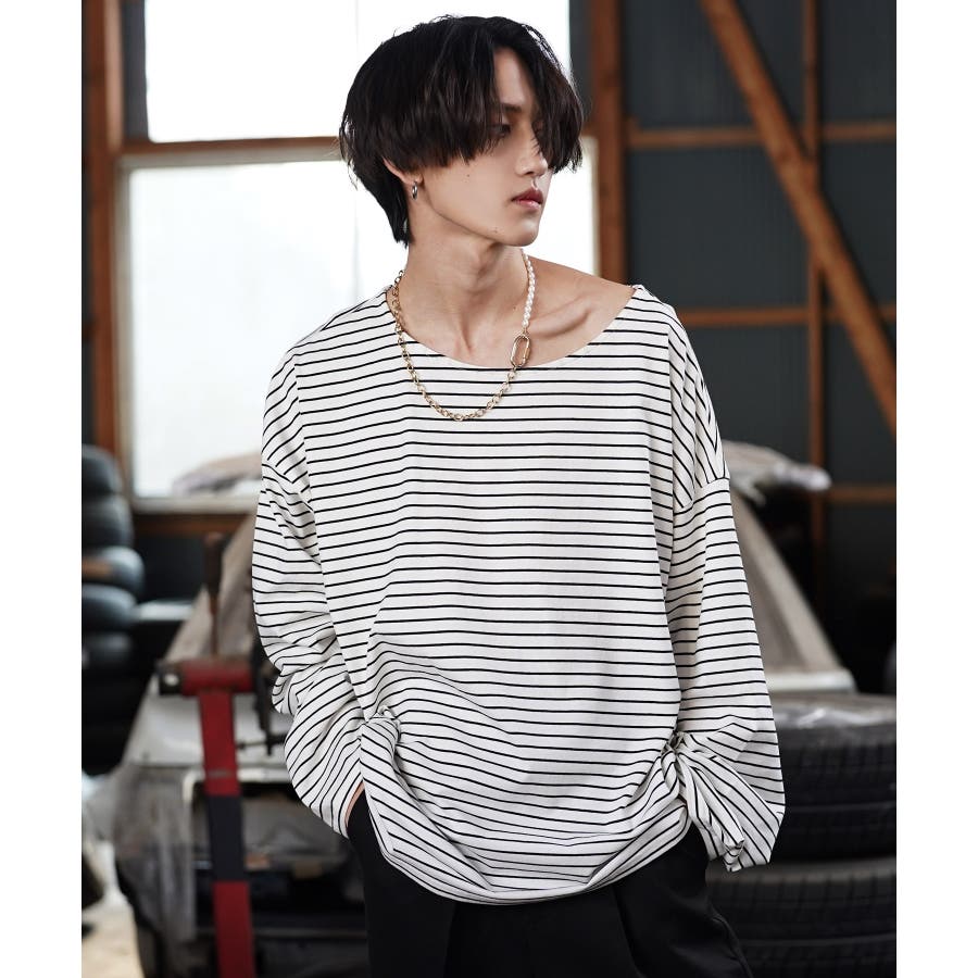 韓国 ロンT メンズ◇オーバーサイズボーダーボートネックロンT◇[品番