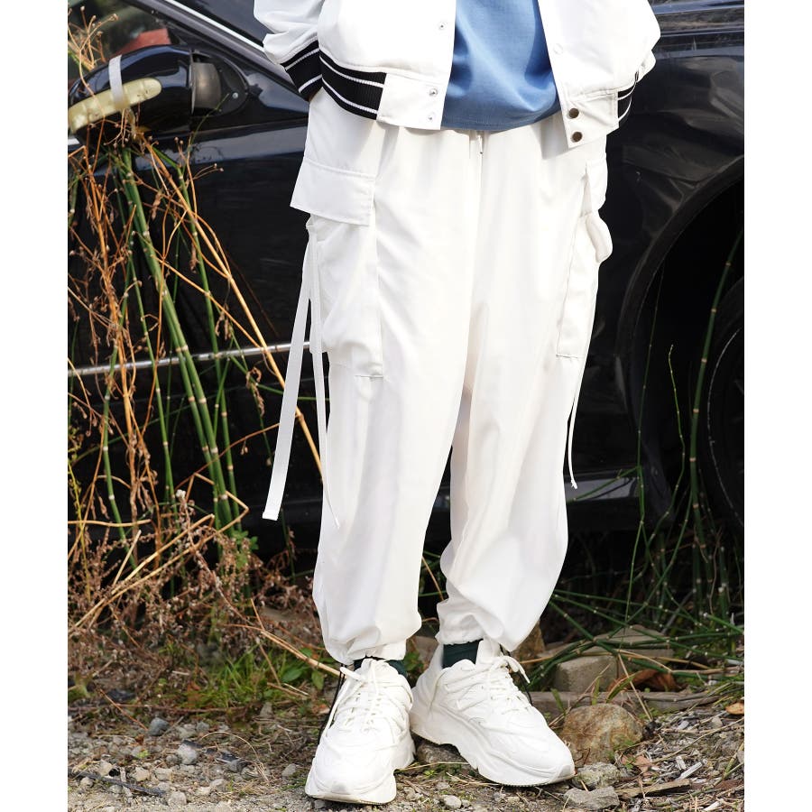 サルセーションカーゴパンツＬホワイト カーゴパンツ メンズ 韓国◇GOC2WAYサテンUFOワイドカーゴパンツ