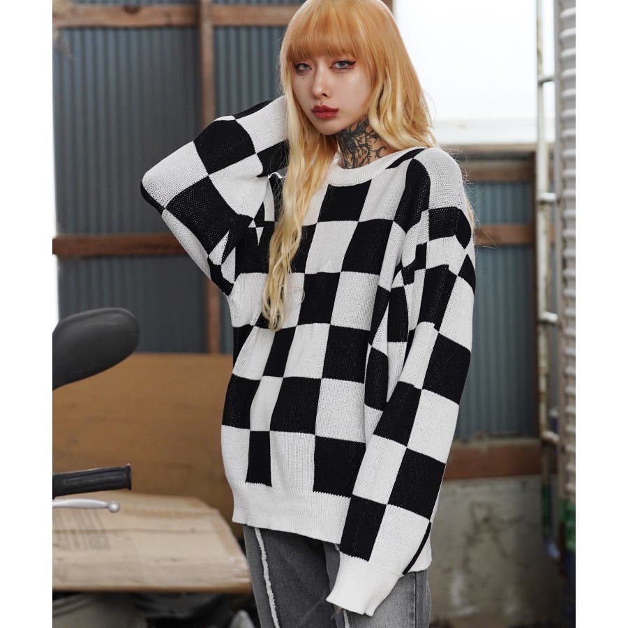 韓国 メンズ◇オーバーサイズマルチジャガードクルーネック