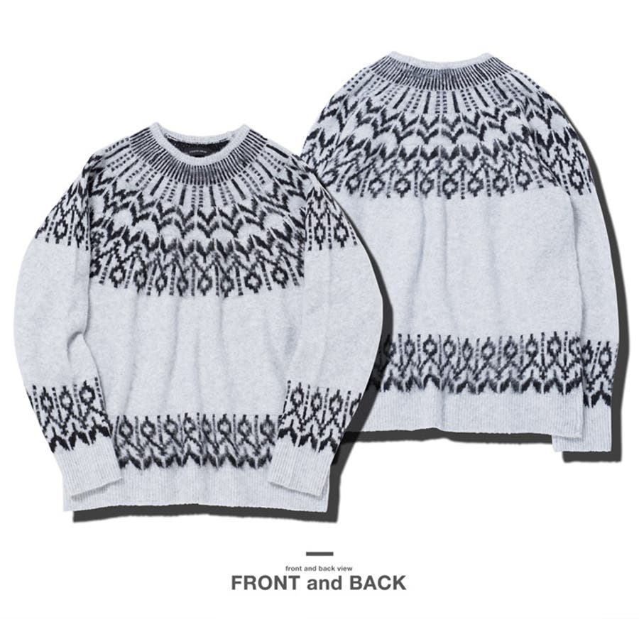 ニット セーター メンズ◇モヘアタッチノルディック求心柄モックネック