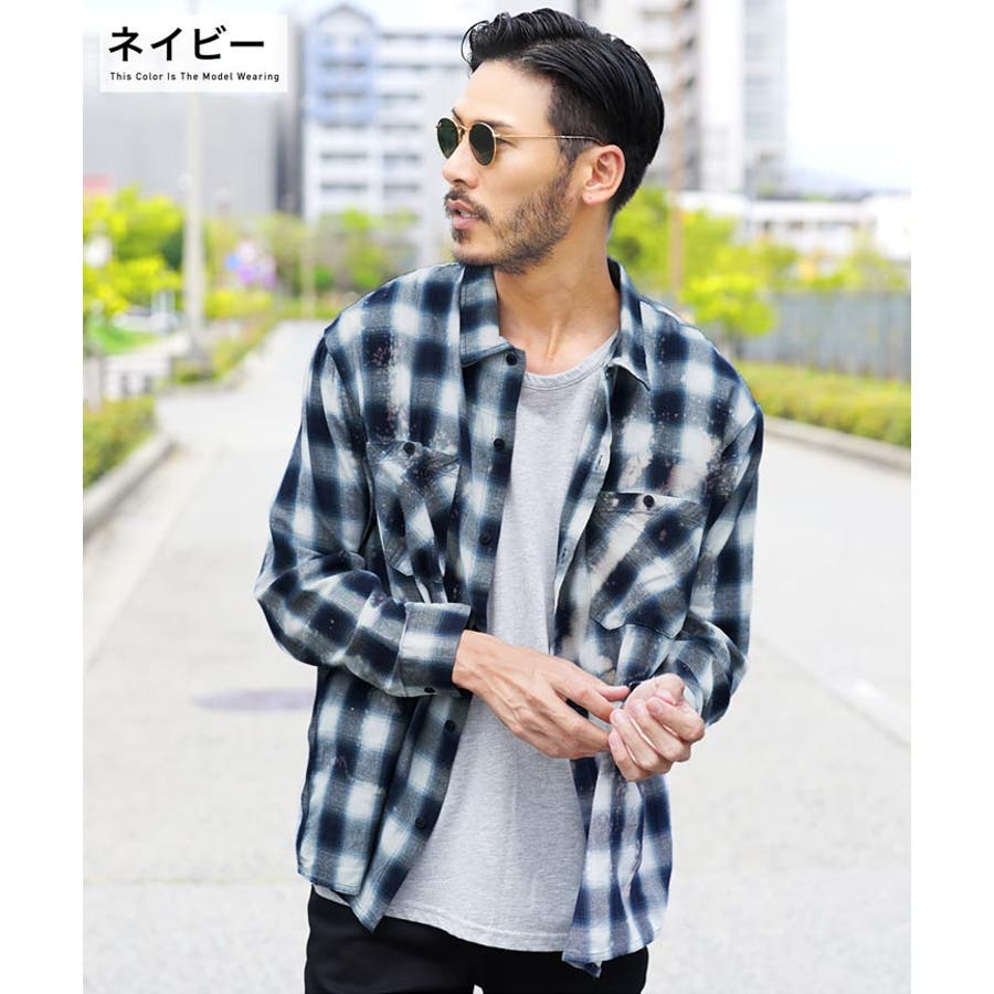 ◇ブリーチ加工 オンブレチェックシャツ◇長袖シャツ メンズ[品番