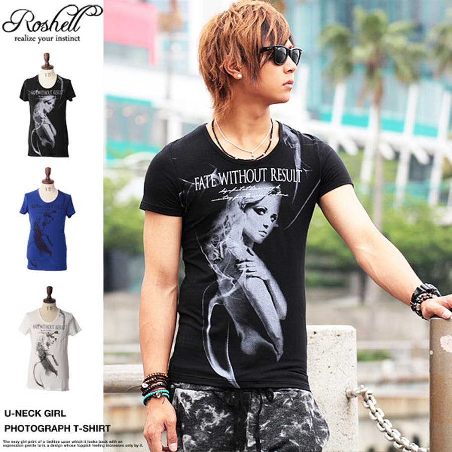 Roshell Uネックガールフォト半袖Tシャツ お兄系 Men[品番