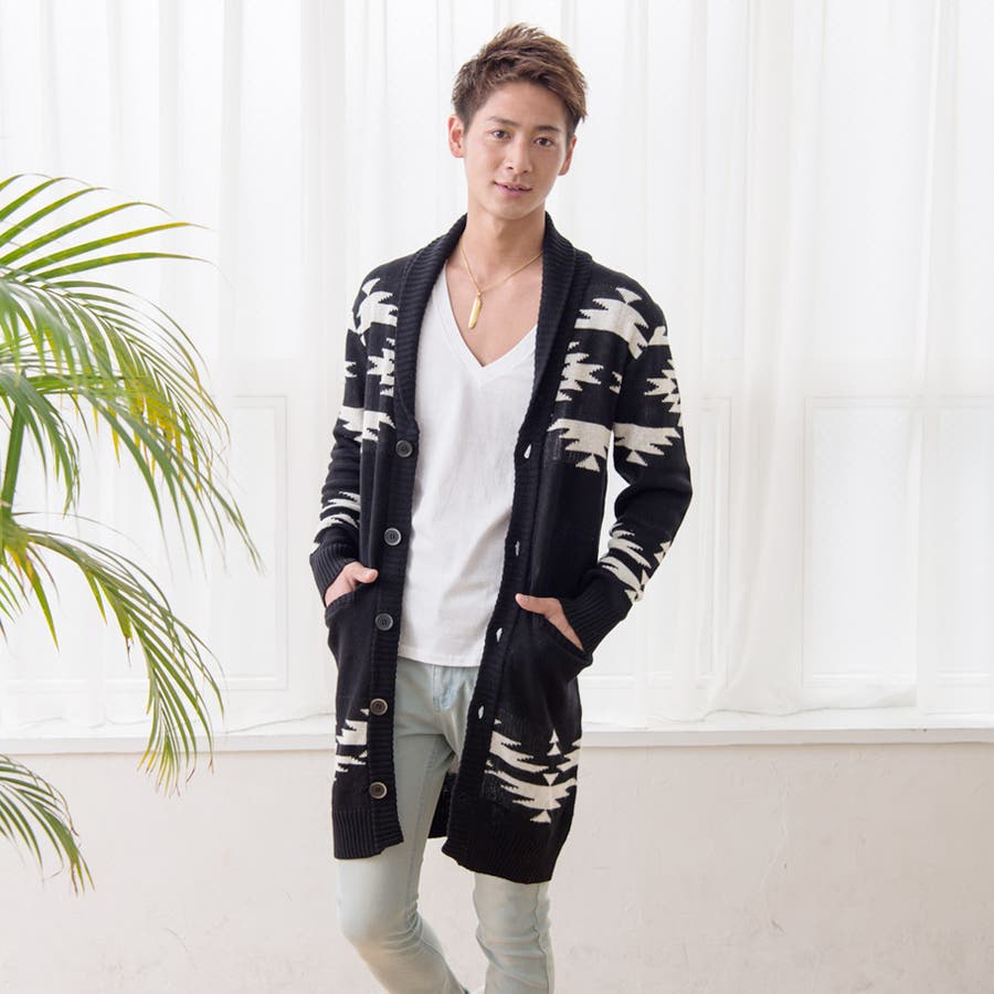 ◇綿麻ネイティブ柄ロングカーディガン◇カーディガン メンズ ニット