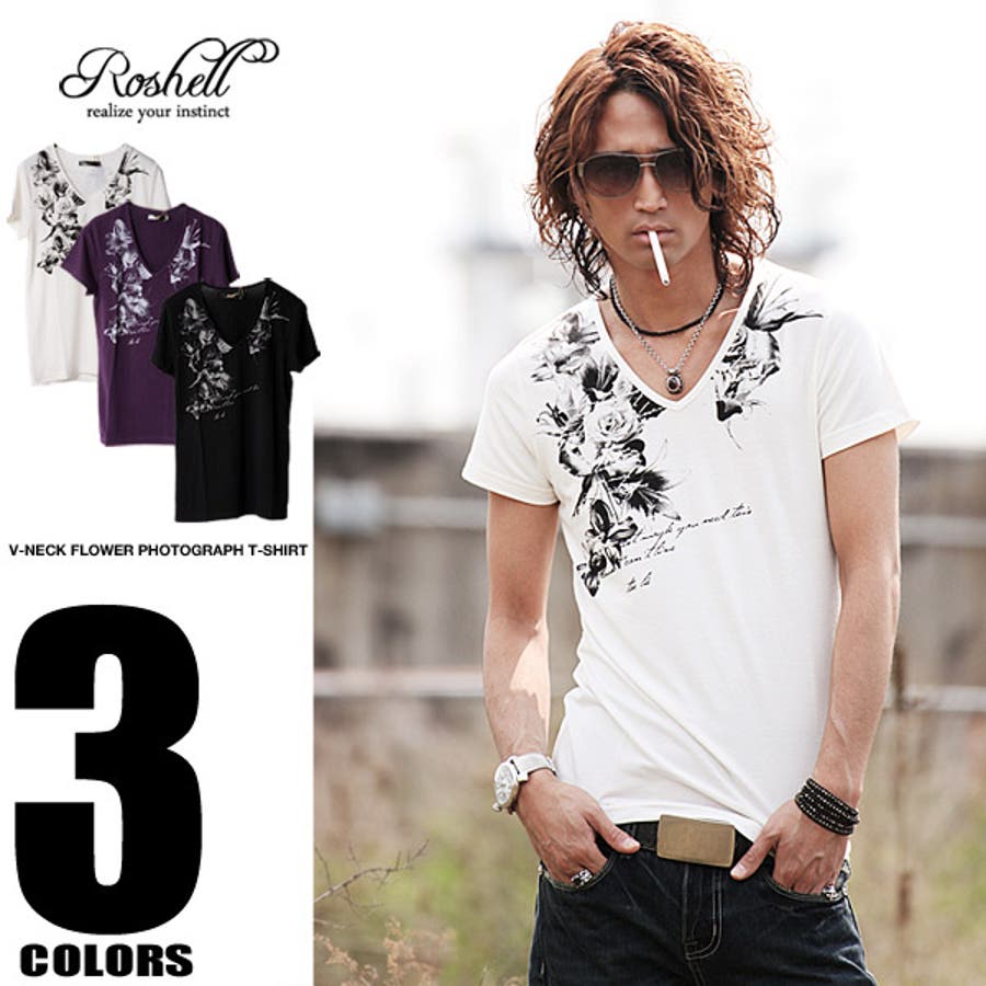 ◇Roshell(ロシェル) Vネックフラワーフォト半袖Tシャツ◇お兄系 Men