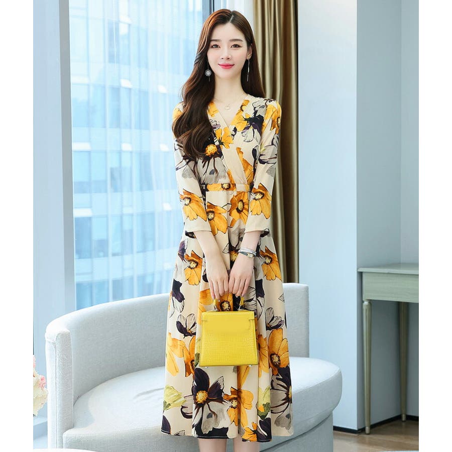 花柄ワンピース カシュクール風Vネック Aライン[品番