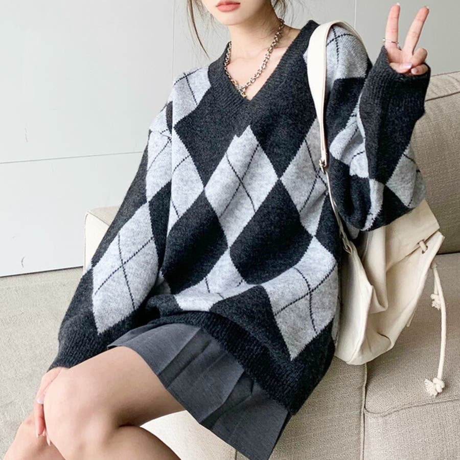 CYCLAS シクラスアーガイル柄 Vネックニットトップス
