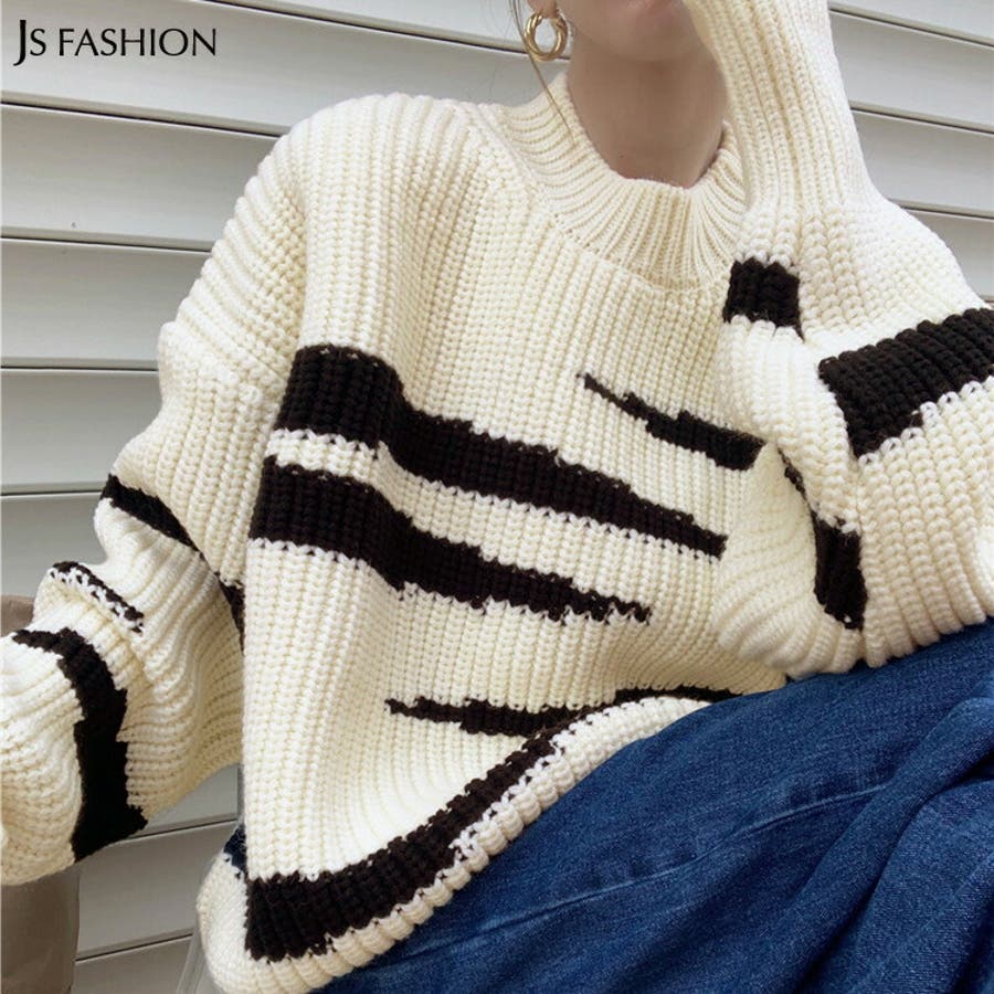 柄ニットトップス ハイネック バイカラー[品番：JSFW0009140]｜JS