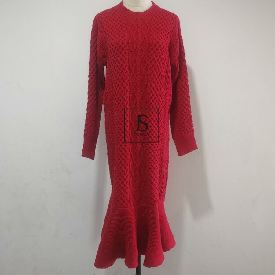ニットワンピース ロングワンピース ケーブル編み[品番