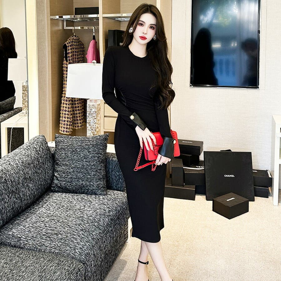 ワンピース タイトワンピ 異素材切替[品番：JSFW0011306]｜JS FASHION